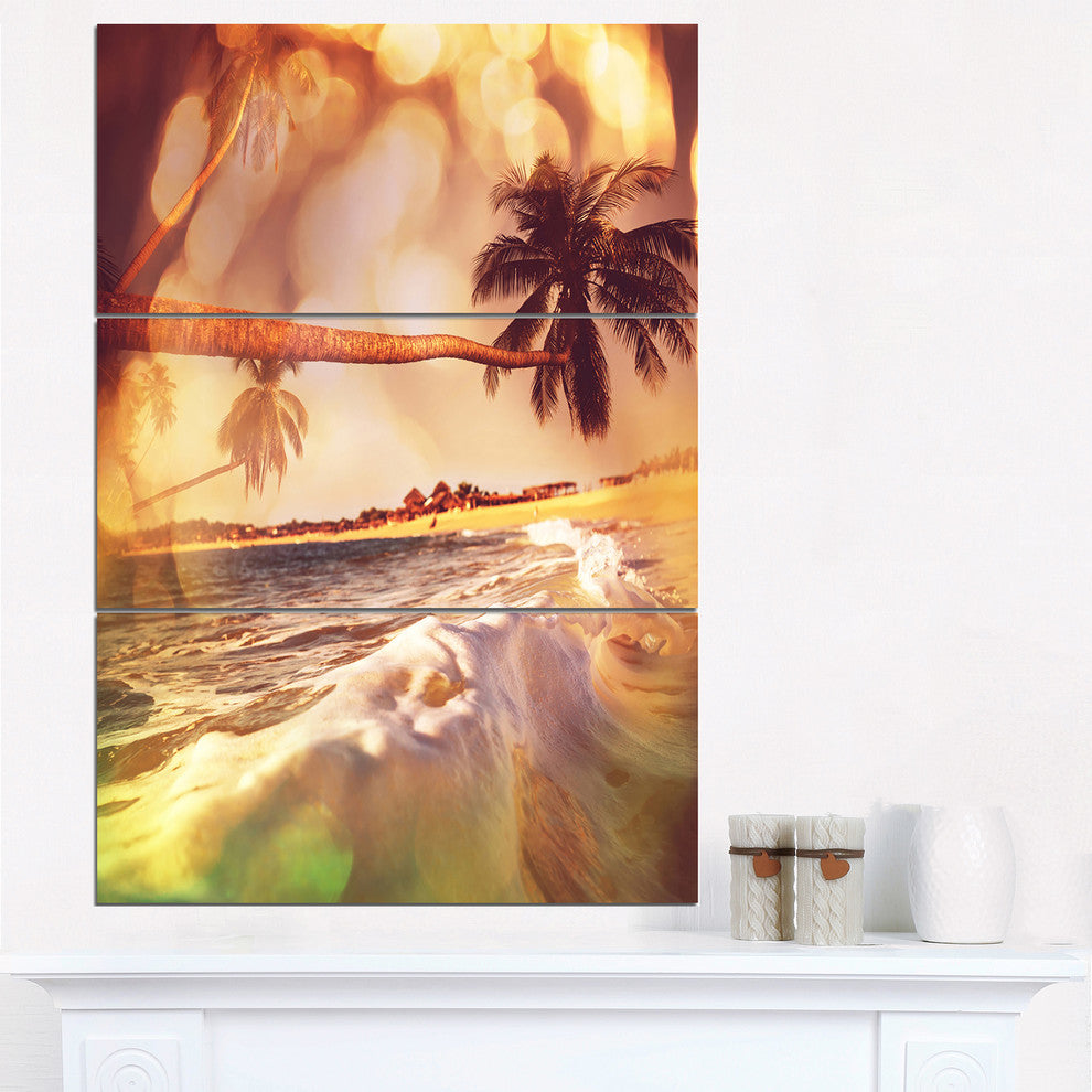 "Tropical Beach With Bent Coconut Palms" Beach Metal Wall Art, 3 Panels, 28"x36"