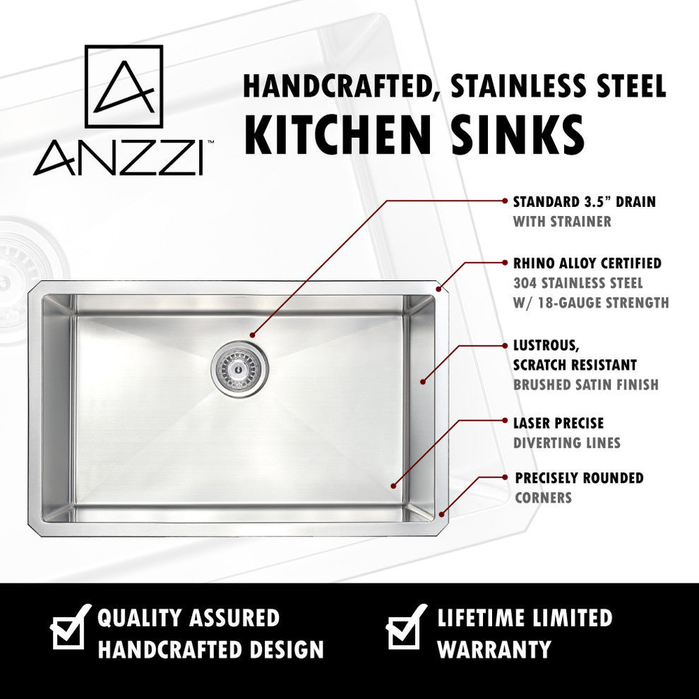 ANZZI Vanguard Series 32 in. Undermount Handmade Stainless Steel Kitchen Sink