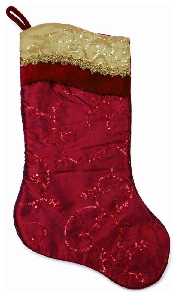 20" Burgundy Red and Gold Leaf Christmas Stocking With Wavy Sequined Cuff