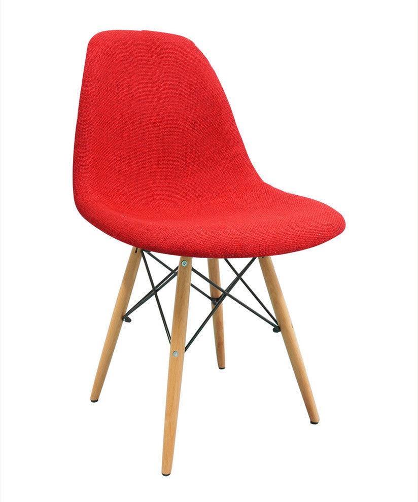 Red Fabric Upholstered DSW Mid Century Shell Chair, Wood Eiffel Legs