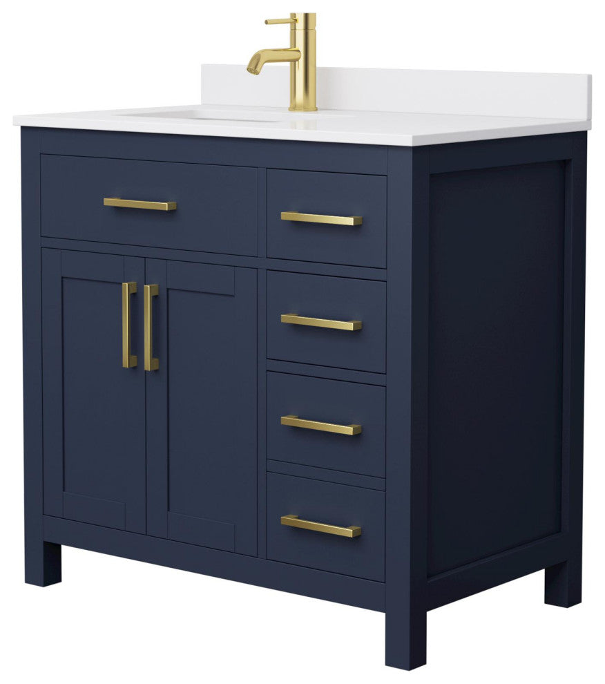 Beckett 36" Dark Blue Single Vanity, White Cultured Marble Top, Gold Trim