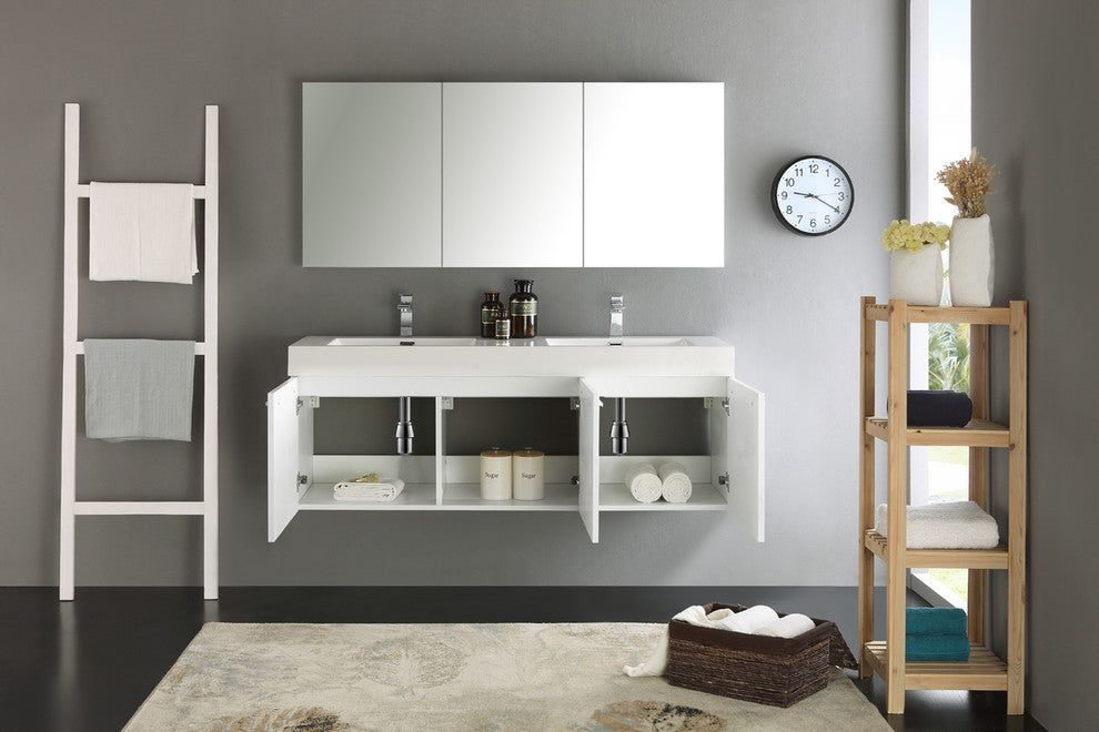 Vista 60" White Wall Hung Double Sink Modern Bathroom Vanity, FFT9151BN