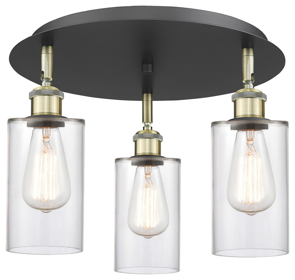 Clymer-3 Light 16" Flush Mount-Black Antique Brass, Clear Glass Shade