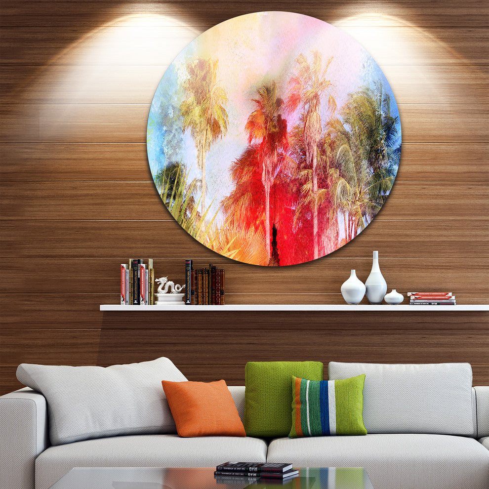 Retro Palms Watercolor, Trees Painting Large Disc Metal Wall Art, 11"