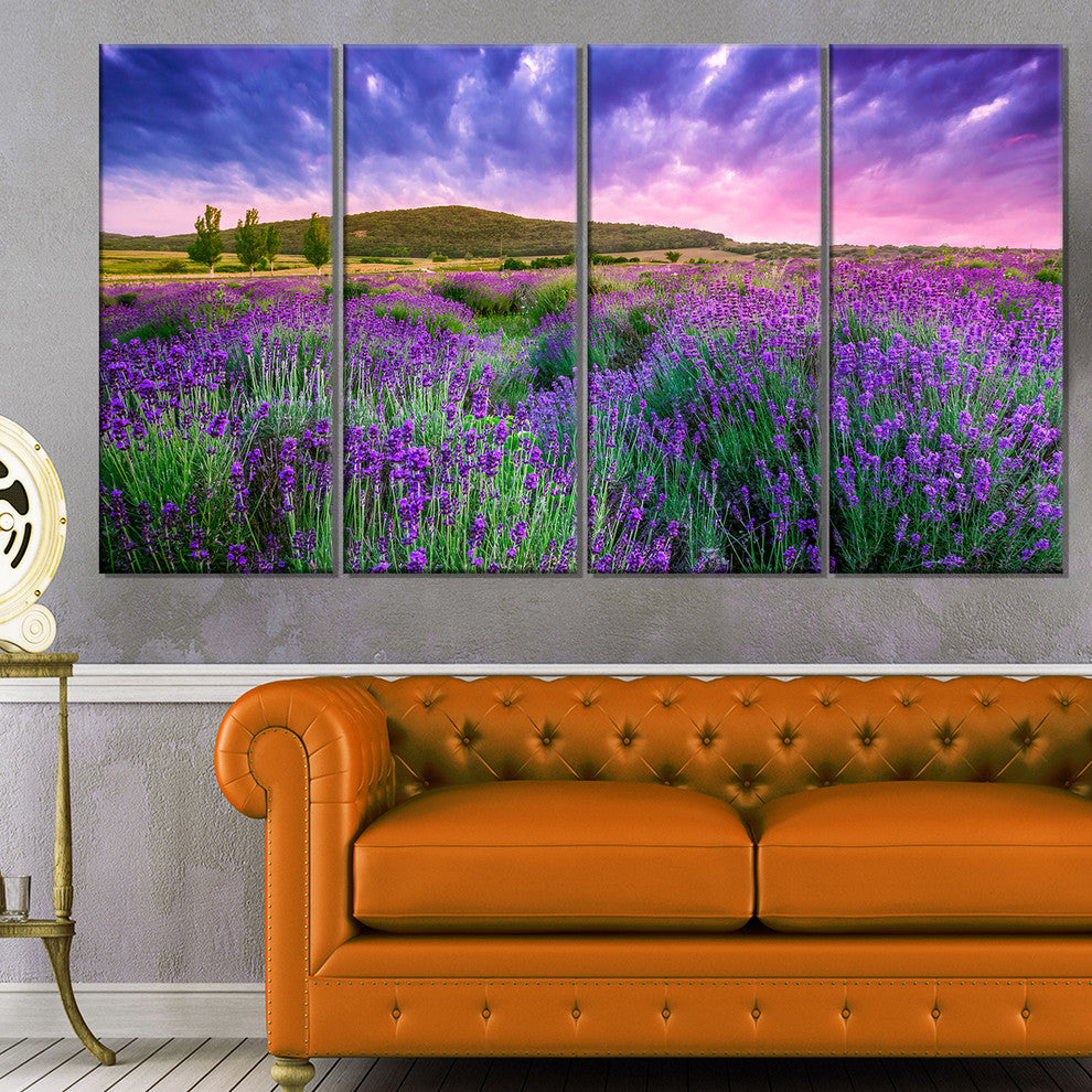 "Summer Lavender Field in Tihany" Modern Landscape Wall Art, 4 Panels, 48"x28"