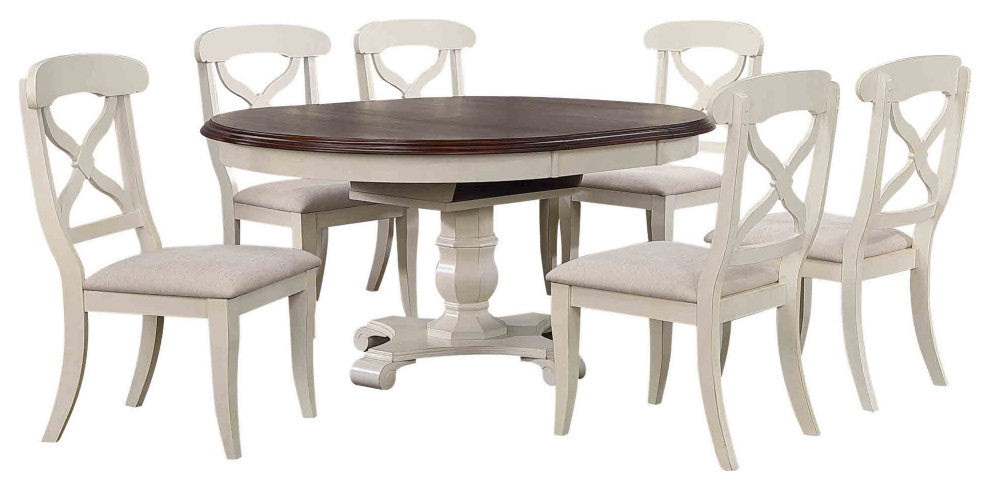7-Piece 48" Round Or 66" Oval Extendable Dining Set, White and Chestnut Brown