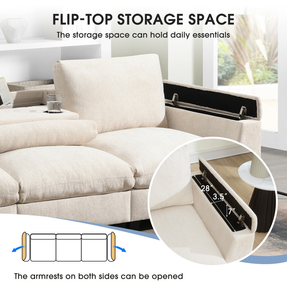 Alice Chenille Sectional Sofa, Bluetooth Speakers & USB Charger, Beige