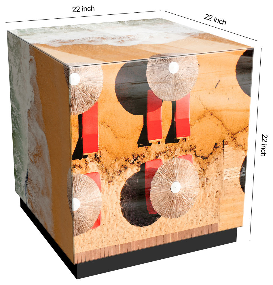 "Beach Bliss II" Reverse Printed Beveled Glass Side Table with Black Plinth Base