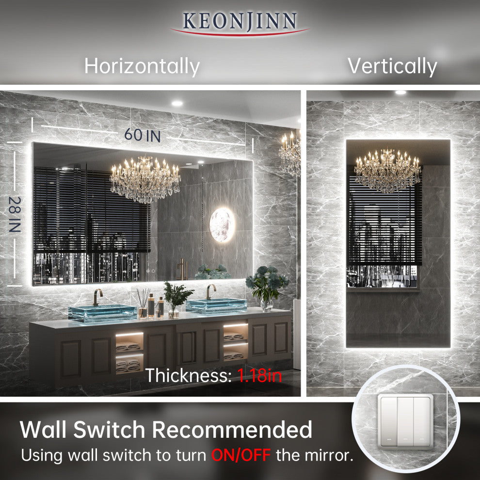 Backlit LED Mirror for Bathroom, Anti-Fog Dimmable, Silver, 60x28