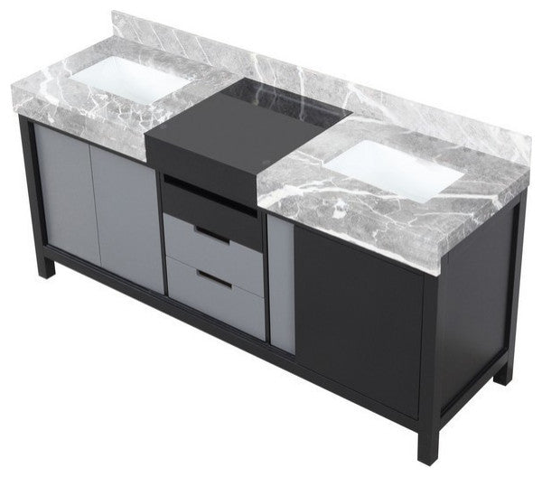 Zilara 72" Black and Grey Double Vanity, Castle Grey Marble Tops
