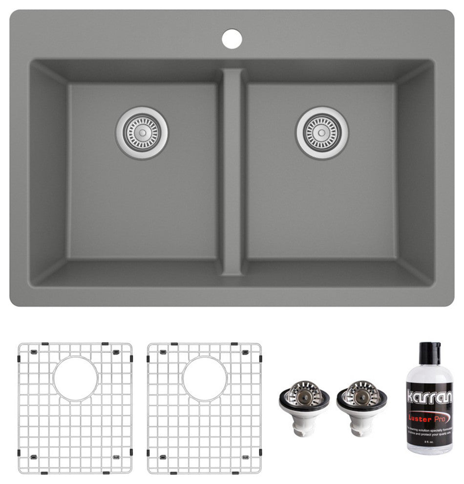 Karran 33" Top Mount Double Equal Bowl Quartz Kitchen Sink Kit, Grey