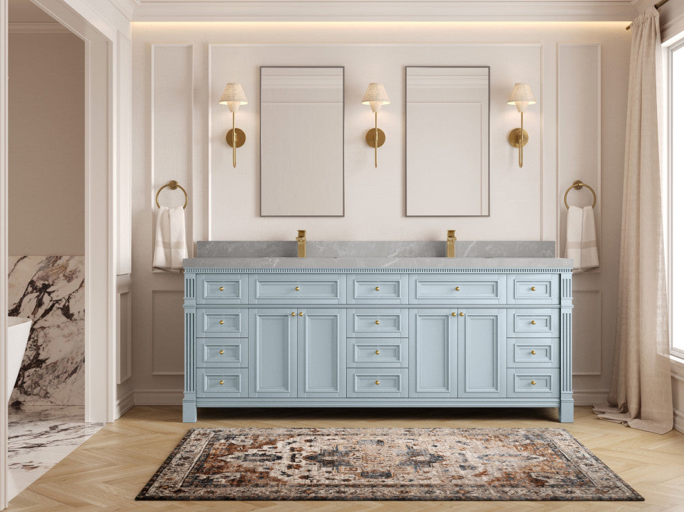 Paris 84" Double Sink Bathroom Vanity, Blue Heather 2" Pearl Gray
