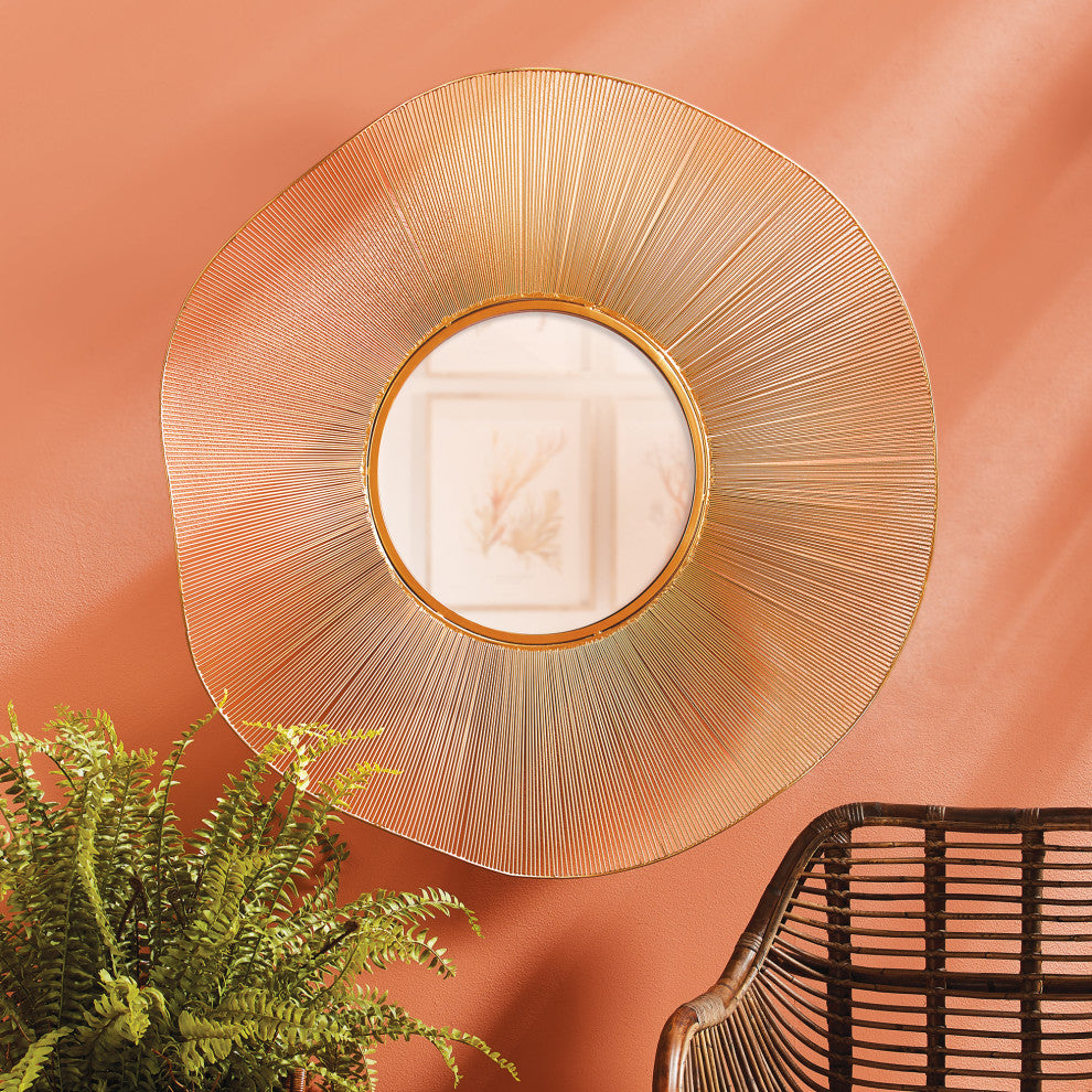 Large 40 in Wavy Gold Wire Sunburst Round Wall Mirror Contemporary Brass Finish