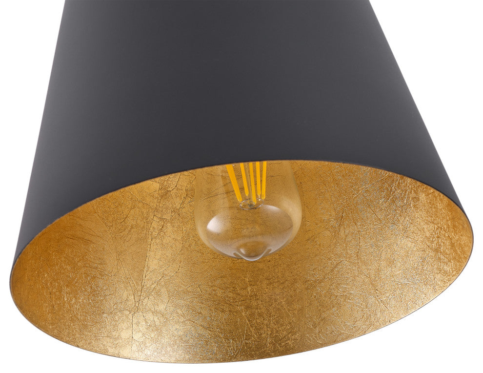 Farmhouse Gold Leaf Inside Pendant Light Fixture with Cone Metal Shade, Black