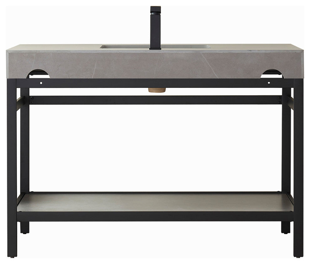 Funes Bath Vanity with Mirror, Matte Black Support, 48'', Grey Stone Top