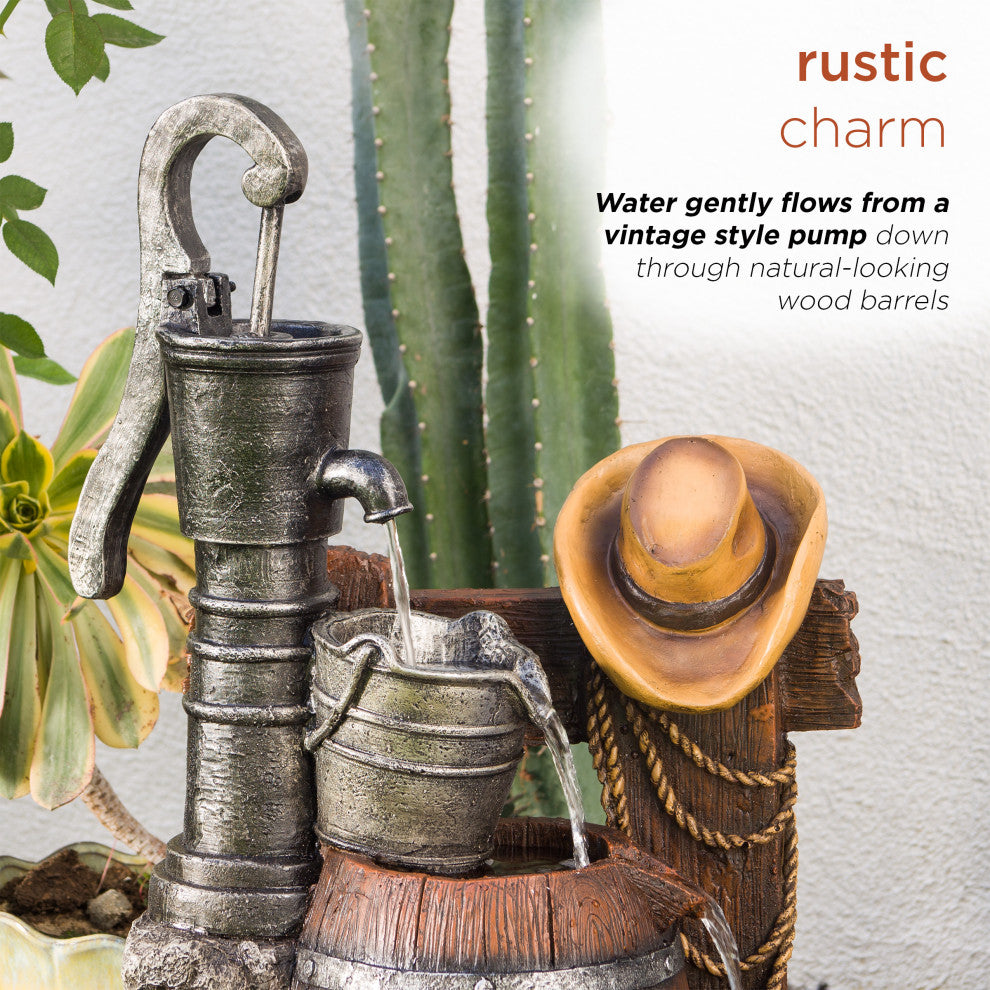 Pump and Barrel Fountain with Cowboy Hat