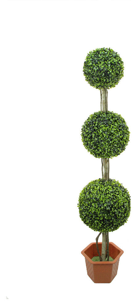 Potted Two-Tone Artificial Boxwood Triple-Ball Topiary Tree, 5'