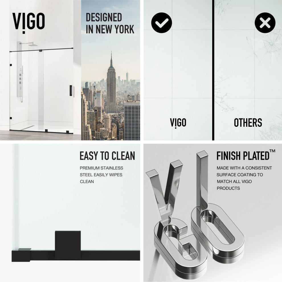 VIGO Ryland 58" to 60" W x 73" H Frameless Track Sliding Shower Door, Matte Black, Clear Glass