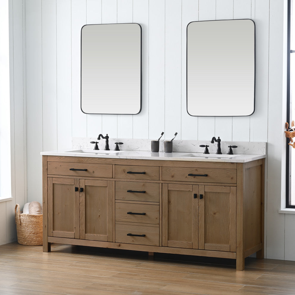 Jasper 72" Bathroom Vanity, Textured Natural, Ariston White Engineered Stone Top