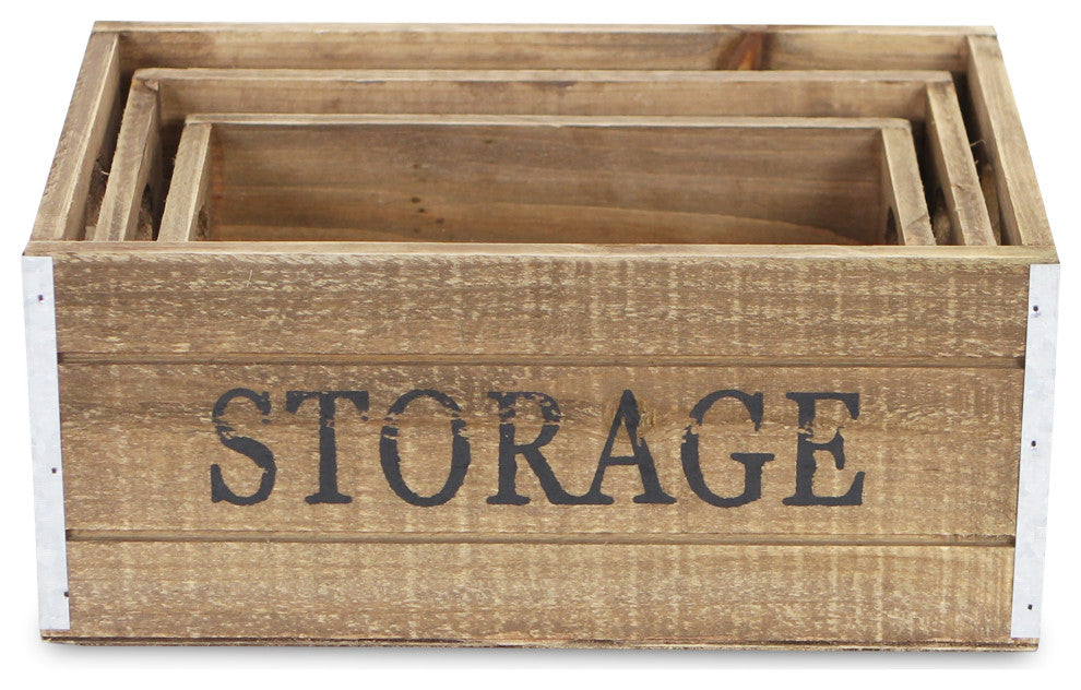 Eika Metal Accented Wooden Storage Crates, 3-Piece Set