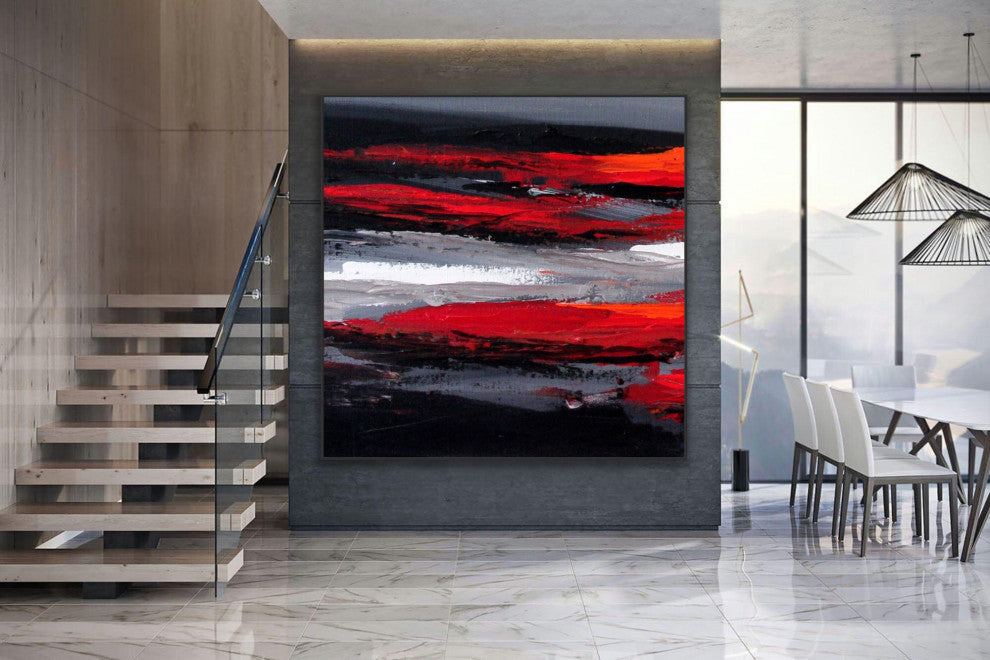 60x60 IN Black red gray abstract Art Large Modern Painting Wall Art Decor