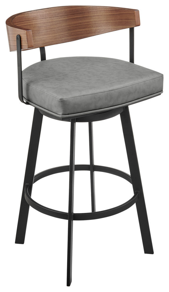 Lacey Swivel Stool, Black/Walnut Finish & Gray Faux Leather, Counter, 26"