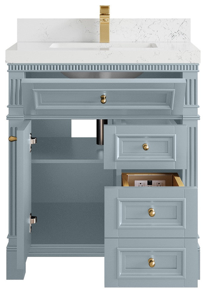 Paris 30" Single Sink Bathroom Vanity, Blue Heather 2" Empira Quartz