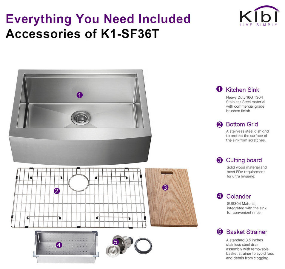 KIBI Farmhouse Apron Single Bowl Stainless Steel Workstation Kitchen Sink, 36"