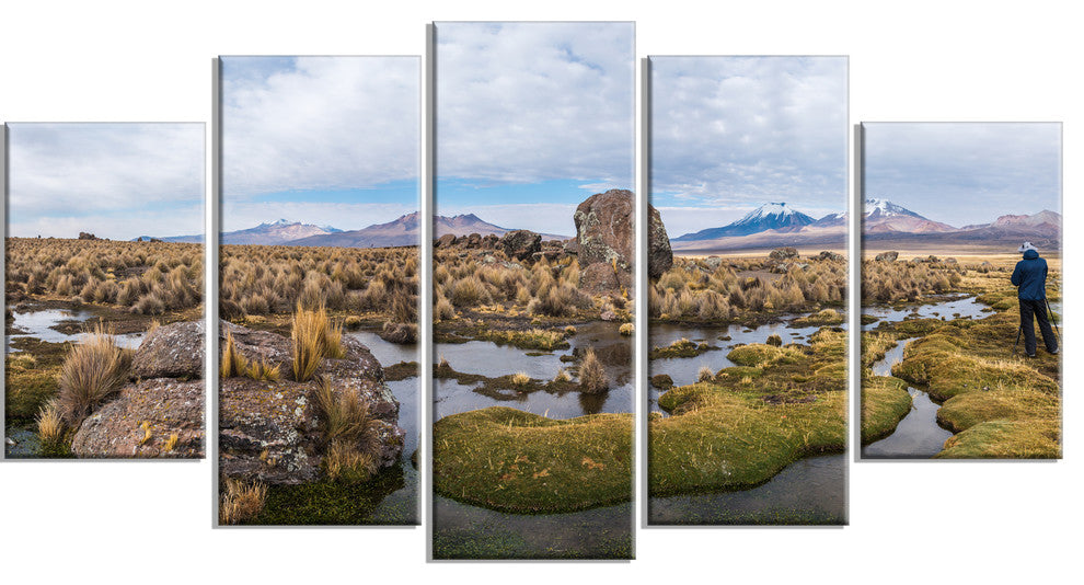 "Bolivia Volcanoes Panoramic View" Landscape Print Wall Art, 5 Panels, 60"x32"