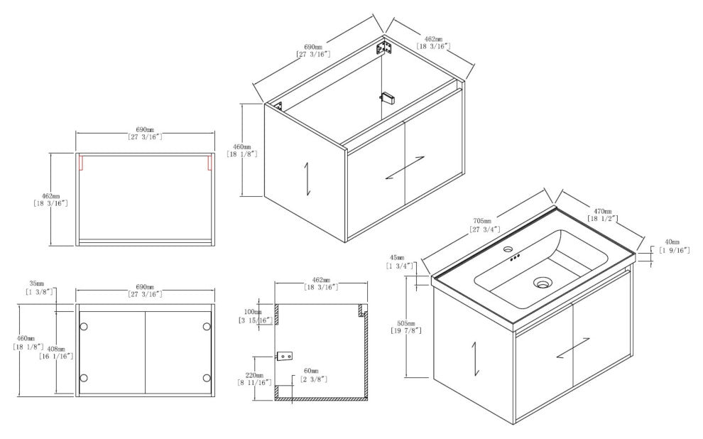 Wall Mounted Bathroom Vanity, Glossy White, 28'' W/ Sink