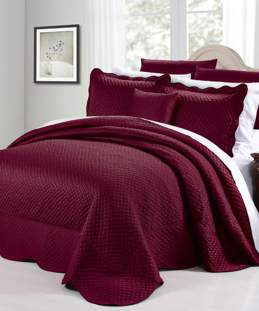 Matte Satin Quilted 4 Piece Bedspread Set, Burgundy, Queen