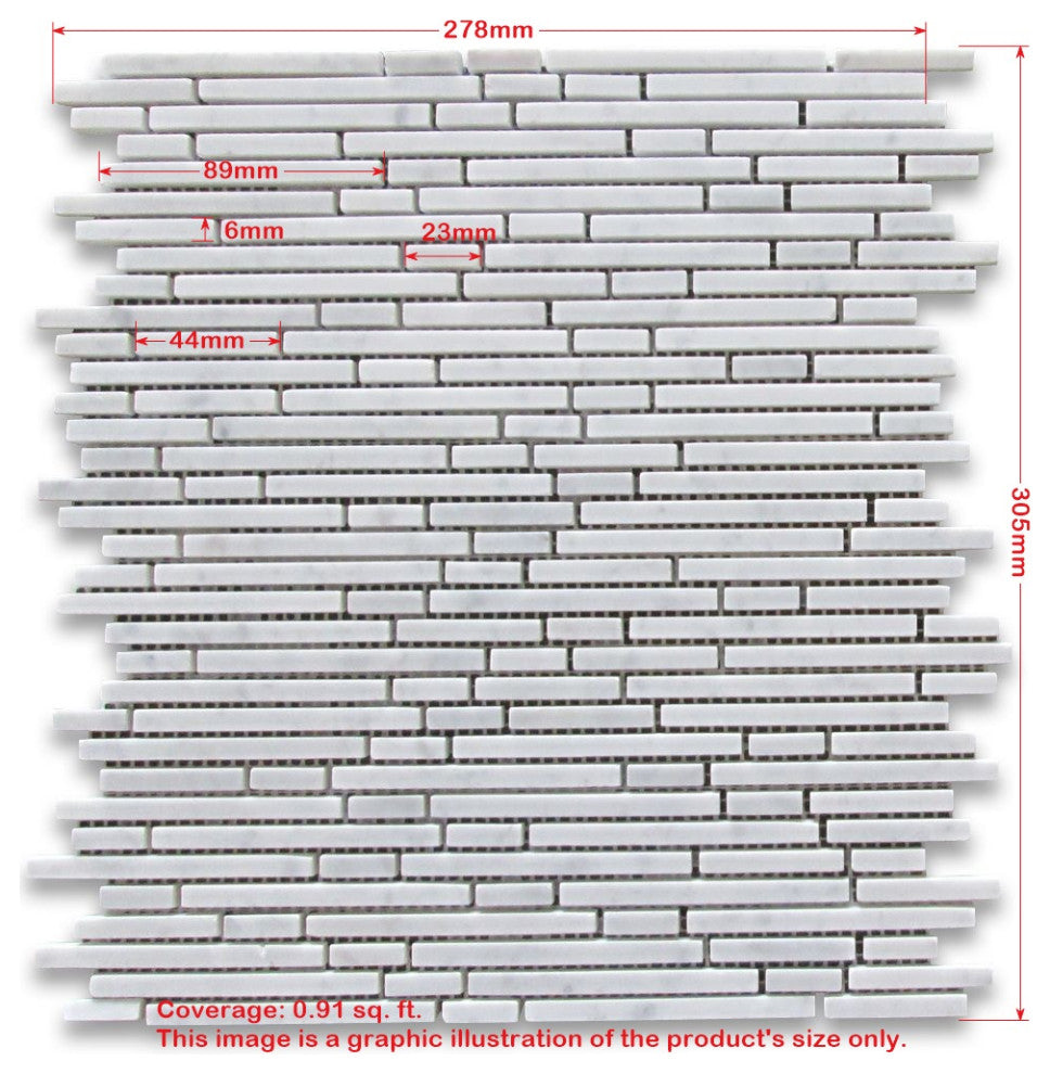 Carrara Marble Bamboo Random Strip Tile Heavy Rain Mosaic Honed Venato, 1 sheet