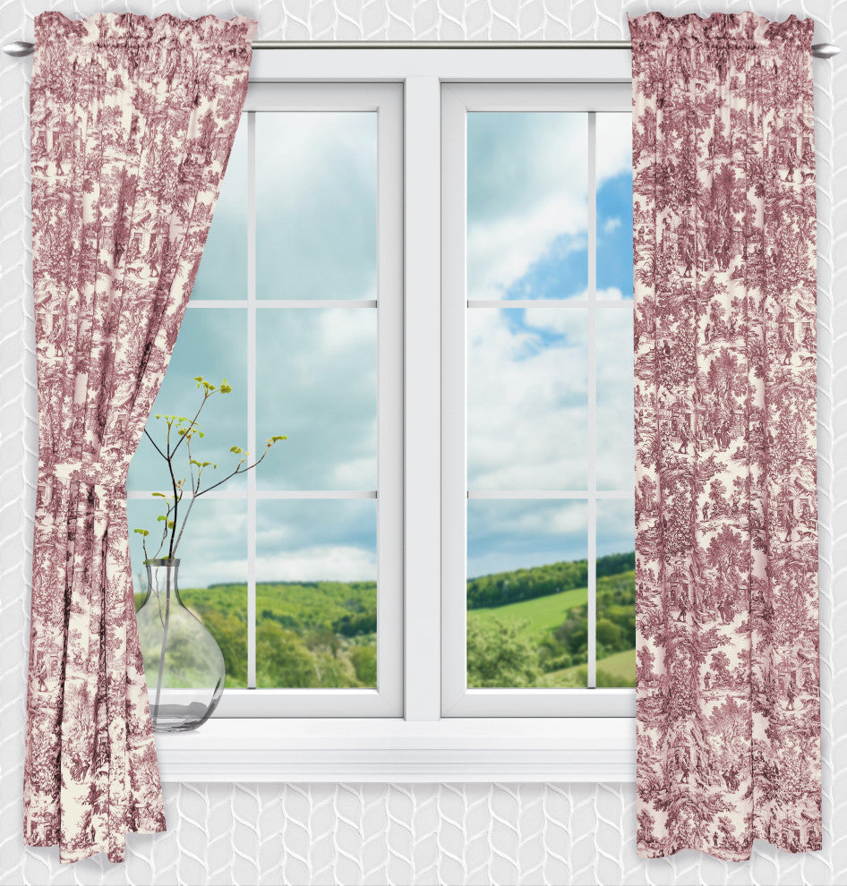 Victoria Park Toile Panel Pair Curtains With Tiebacks, Red, 68"x63"