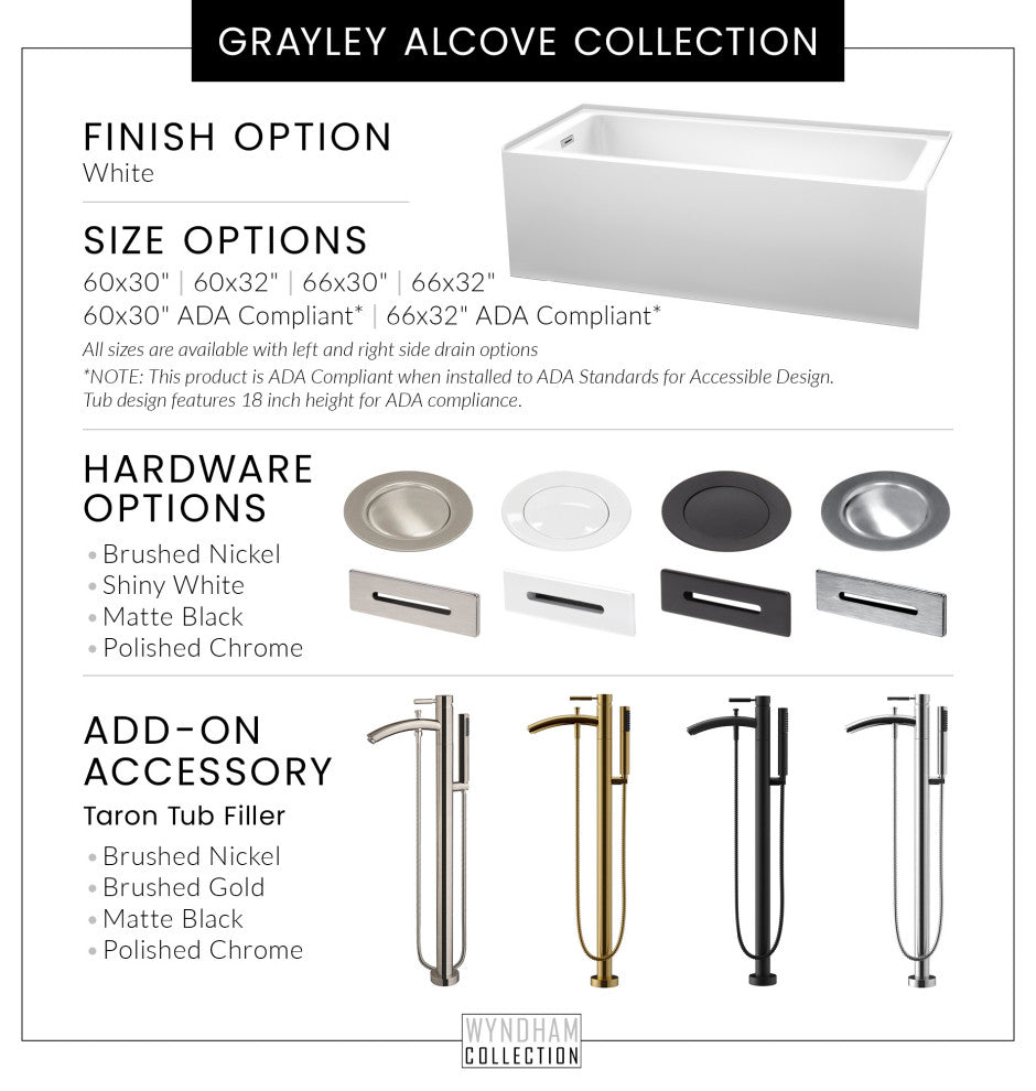 Grayley 60x32x18" Alcove Bathtub With Left-Hand Drain and Trim, Brushed Nickel