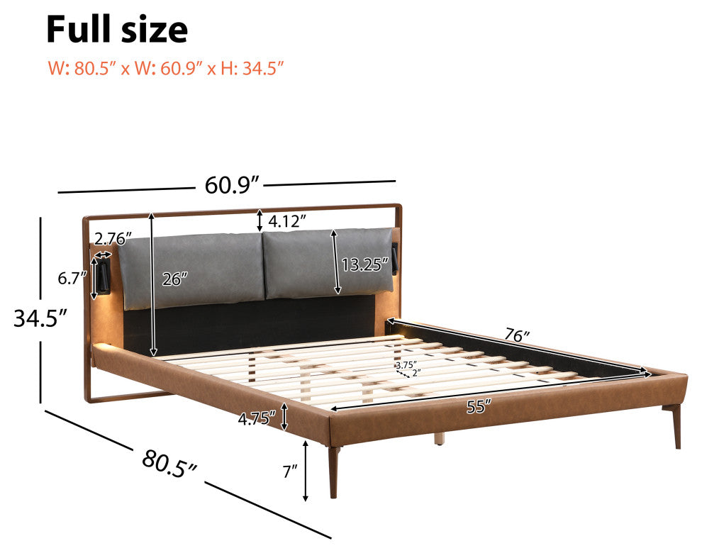 GDF Studio PU Leather Upholstered Platform Bed With LED Lights, Brown/Gray, Full