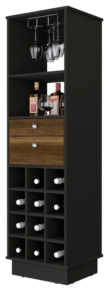 Hype Bar Cabinet with 12 Wine Cubbies, 2 Drawers, and Glass Rack, Black/ Walnut