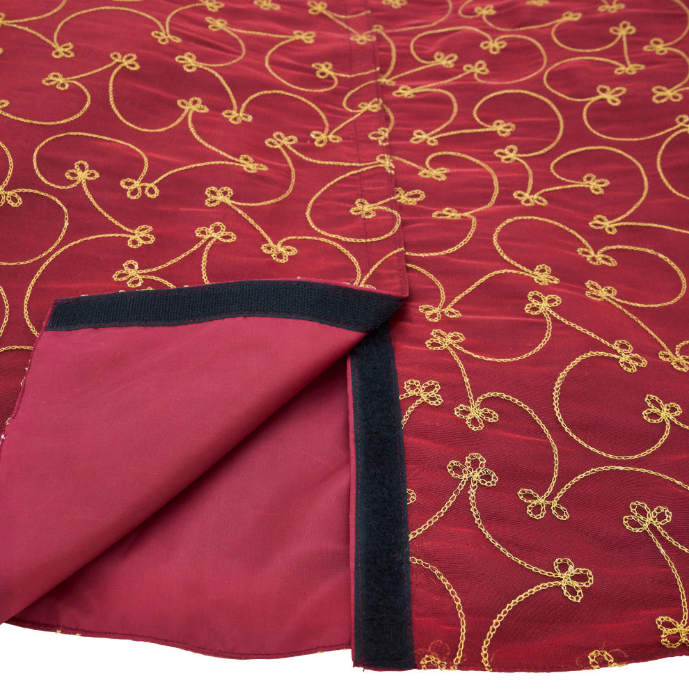 Christmas Tree Skirt With Ari Embroidered Design, 52"x52", Burgundy