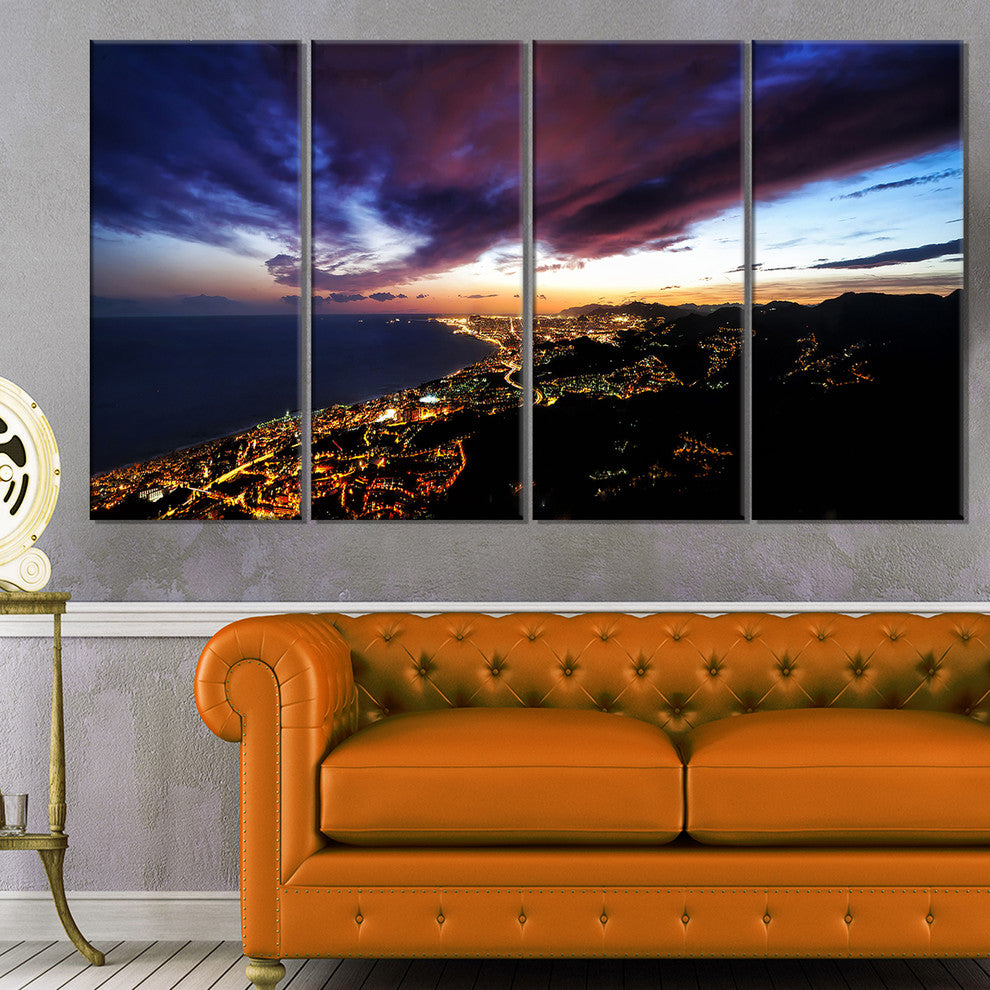 "Barcelona Skyline Panorama" Cityscape Artwork Canvas, 4 Panels, 48"x28"
