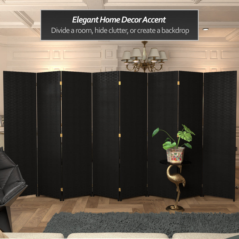 6' Tall Woven Fiber Room Divider, 8 Panel, Black