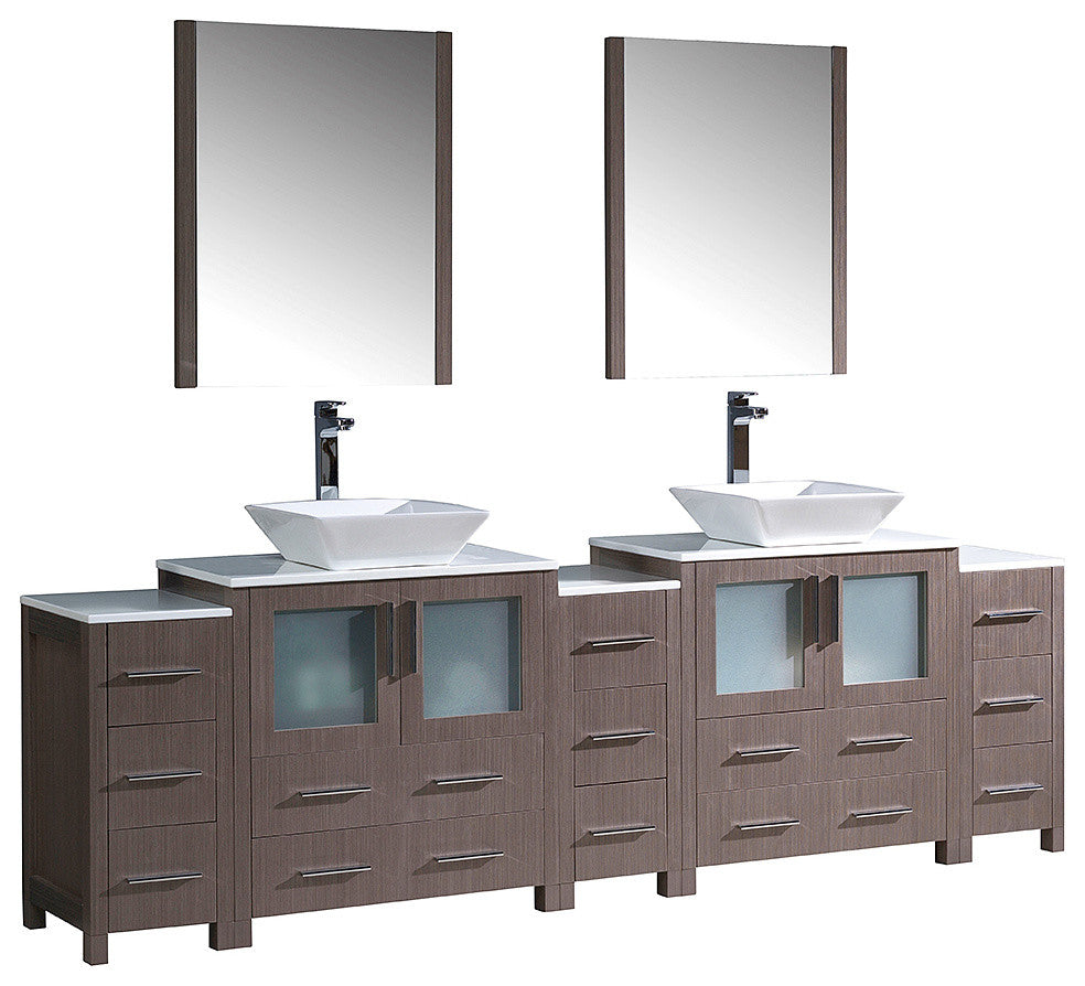 Torino 96" Gray Oak Modern Double Sink Bathroom Vanity, Faucet FFT1044CH