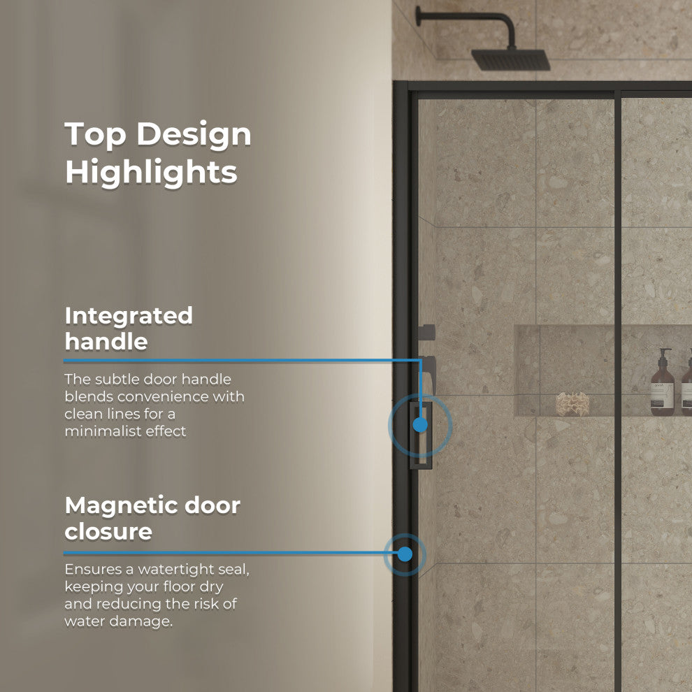 Stanford Sliding Fluted Alcove Shower Door, Black, Clear Glass, 48"