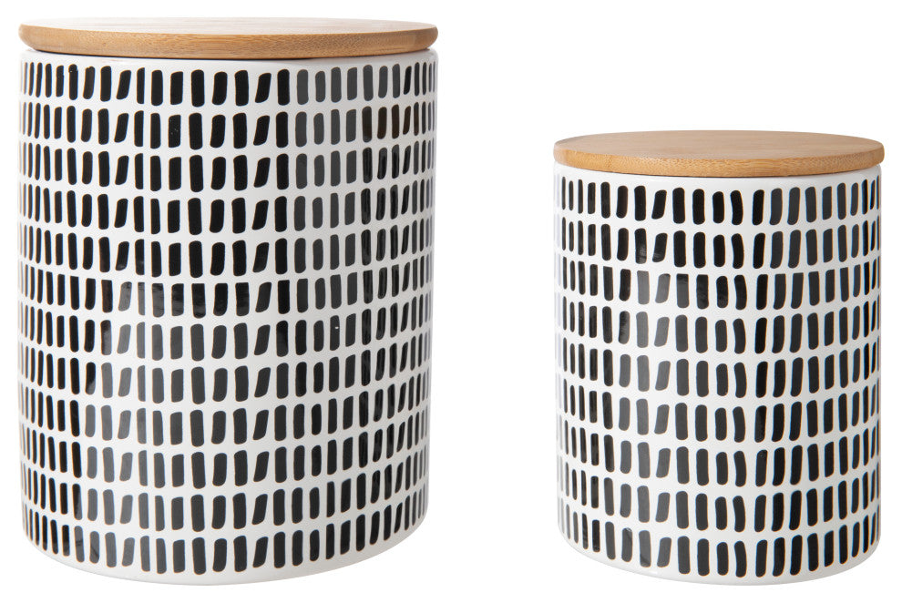 Bamboo Lid Ceramic Canister with Line Pattern Matte White Finish, Set of 2