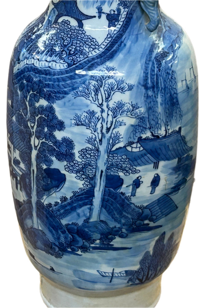 23" Vintage Blue White Scenery Porcelain Elephant Head Ear Art Vase Hws4363