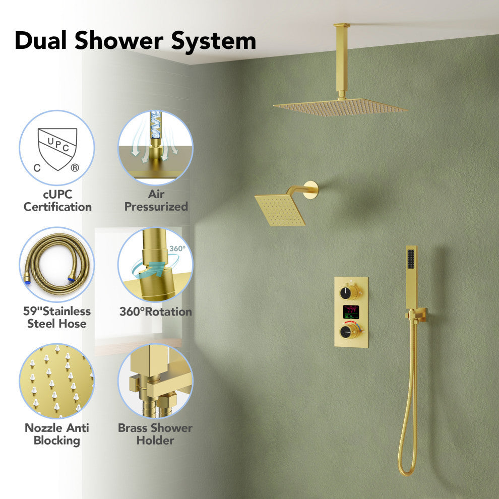 Dual Showerheads 12" Digital Display Shower System, Brushed Gold