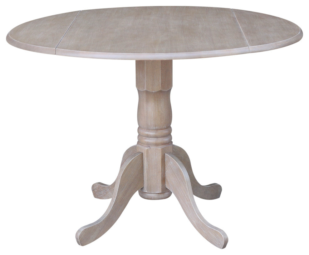 42" Round Dual Drop Leaf Pedestal Table, Washed Gray Taupe