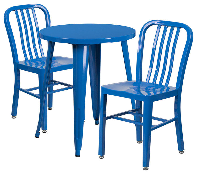24'' Round Blue Metal Indoor-Outdoor Table Set With 2 Vertical Slat Back Chairs