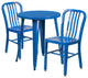 24'' Round Blue Metal Indoor-Outdoor Table Set With 2 Vertical Slat Back Chairs