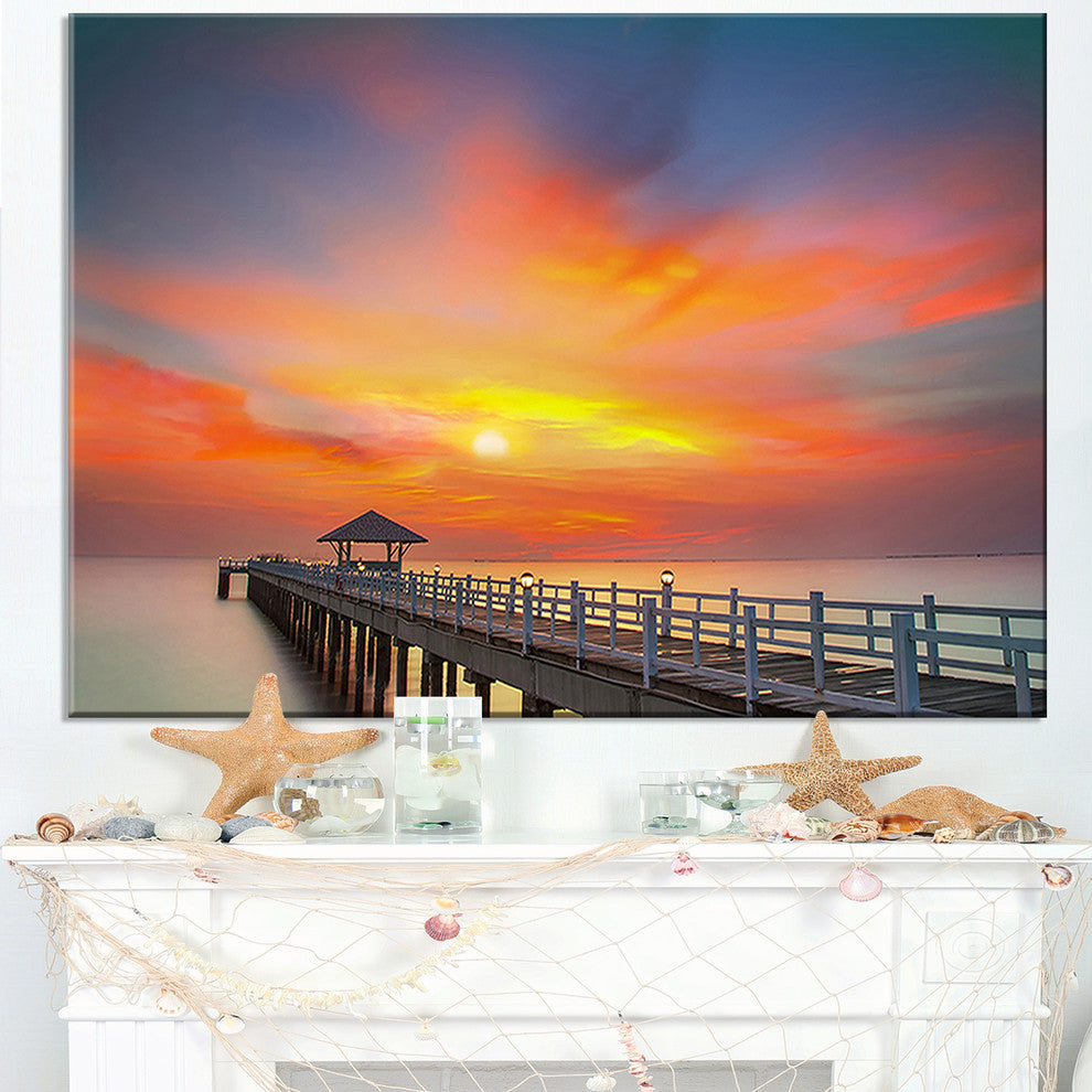 "Wooden Bridge Under Yellow Sky" Sea Pier Wall Art Canvas Print, 40"x20"