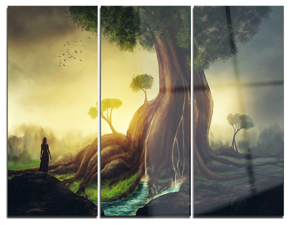 "Giant Tree With Woman" Digital Metal Wall Art, 3 Panels, 36"x28"