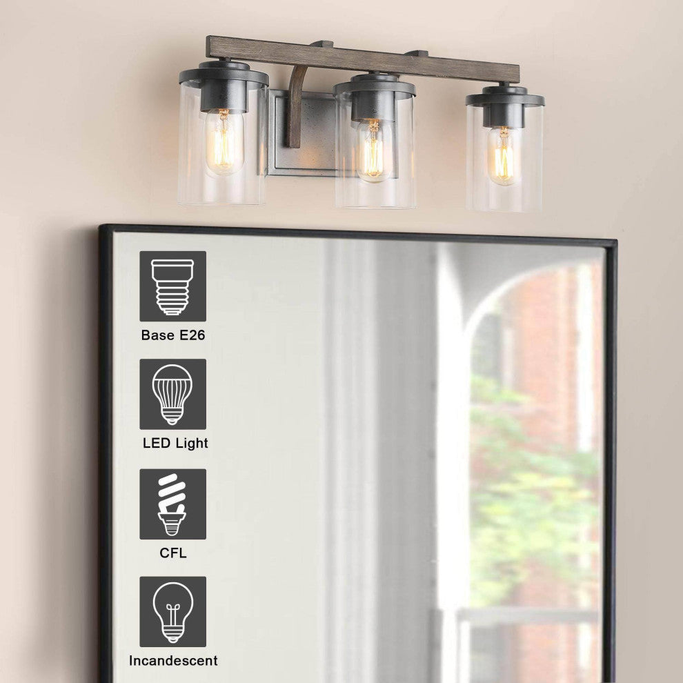 LALUZ 3-Light Black and Wood Gray Industrial Bathroom Vanity Lights